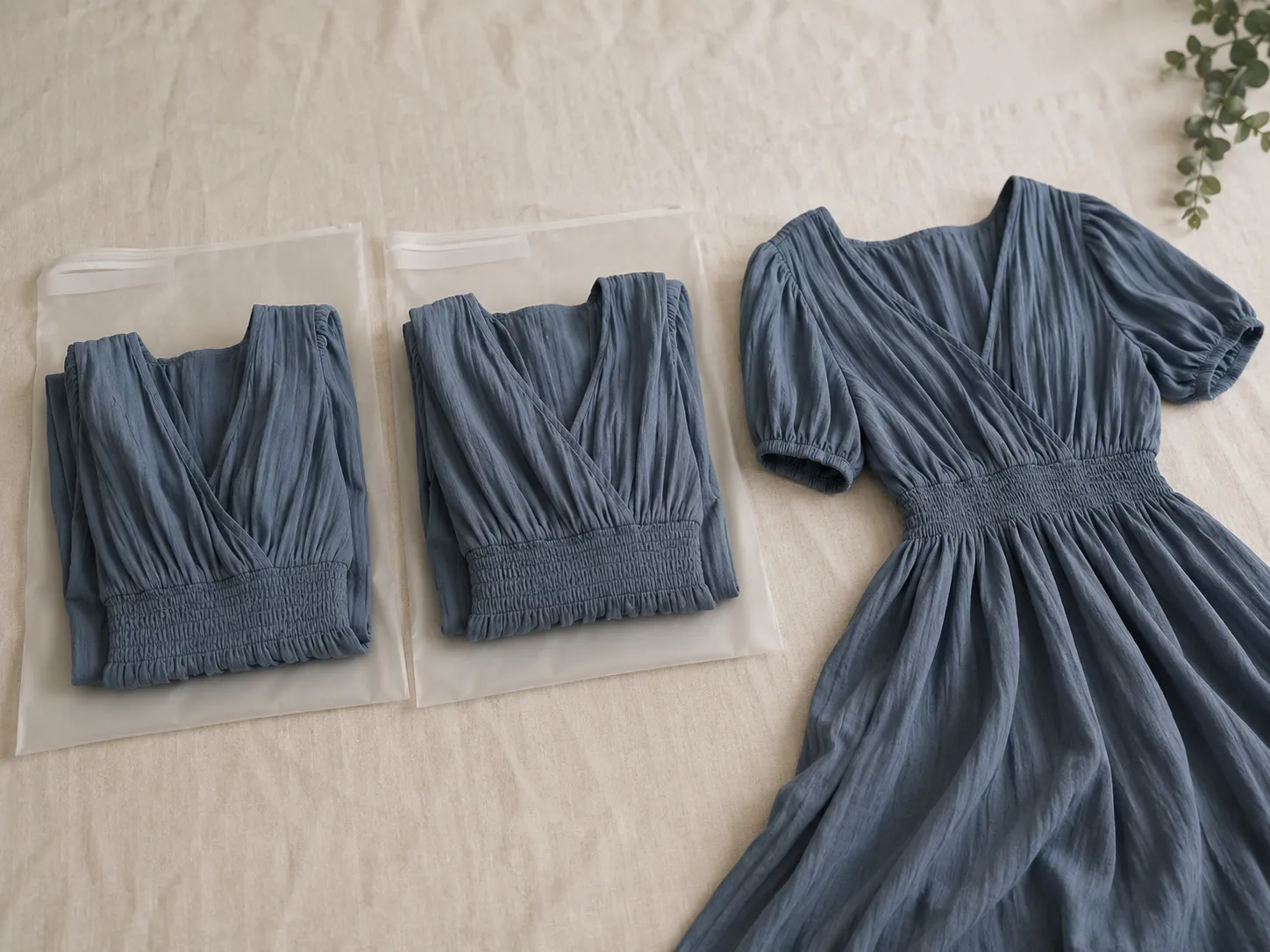 Three identical dresses in different sizes laid side by side on a light linen surface, with two folded for free return and one set apart to keep, illustrating a June 2026 online shopping bracketing te