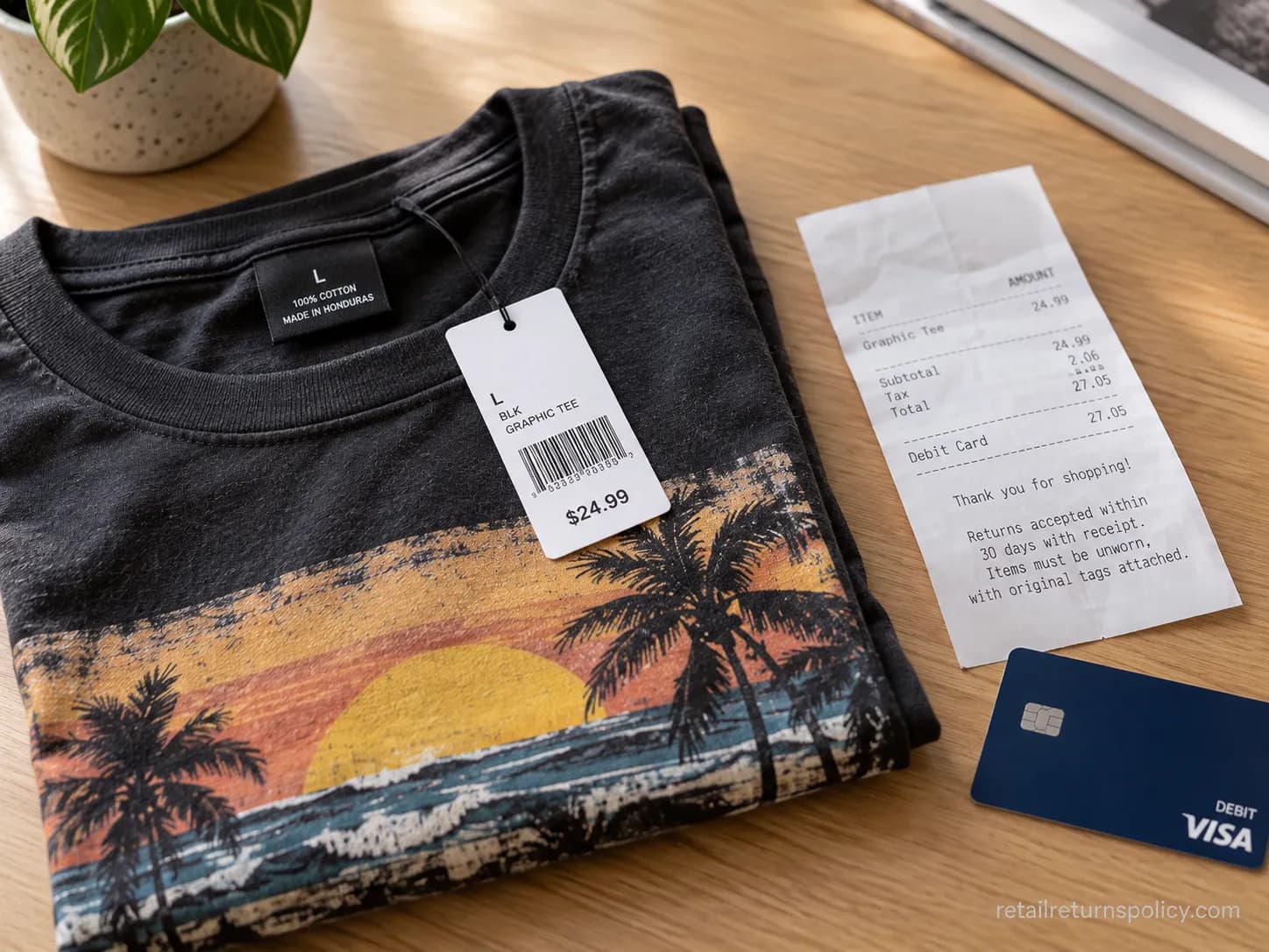 Tillys tee with tags attached beside a receipt showing the 30-day return window