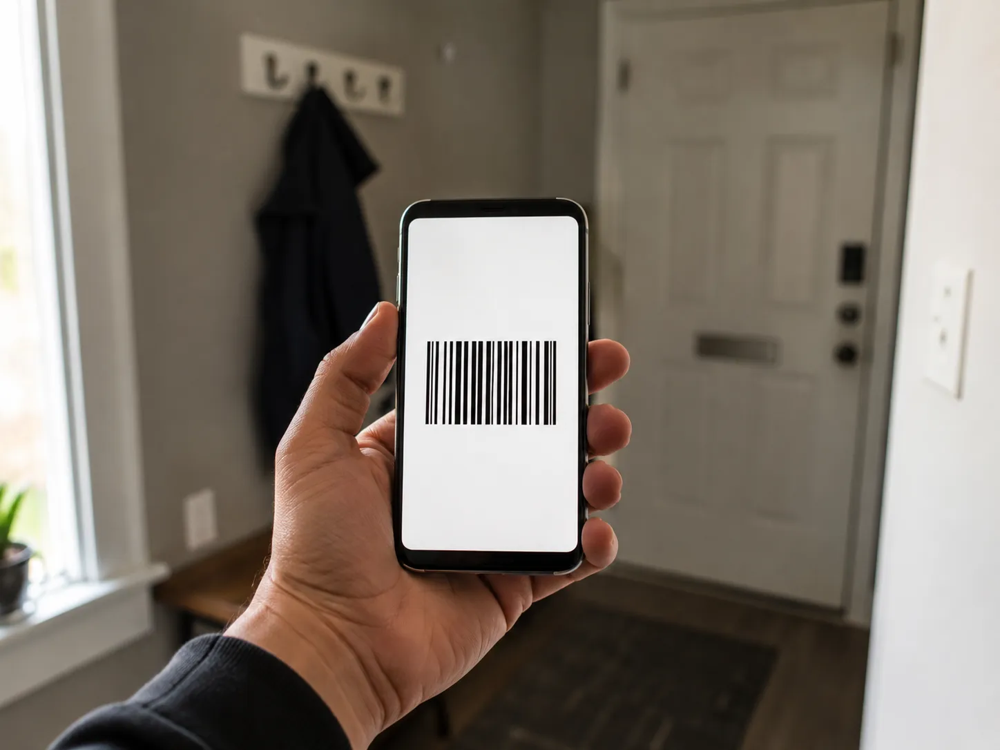 Hand holding a smartphone displaying a barcode in a home hallway, representing test evidence for timing the same retail return through three different return channels within one week.