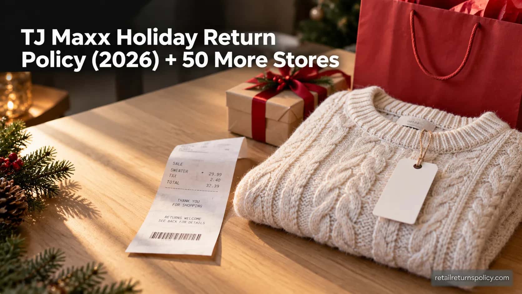 Folded holiday sweater with a store tag, a receipt, and a ribboned gift box on a wood table in warm winter light.