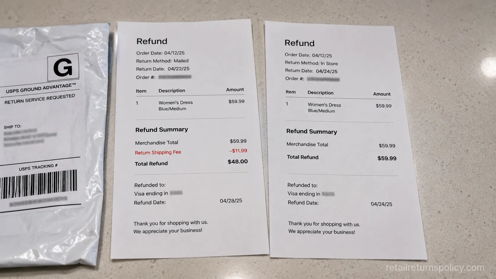 TJ Maxx mailed return with fee deducted next to a free in-store refund.