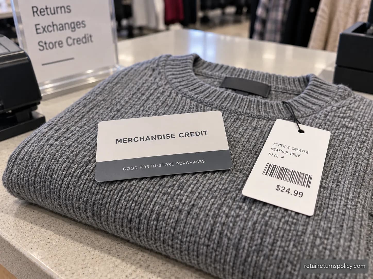Store merchandise-credit card resting on a folded sweater beside its price tag on a retail counter.