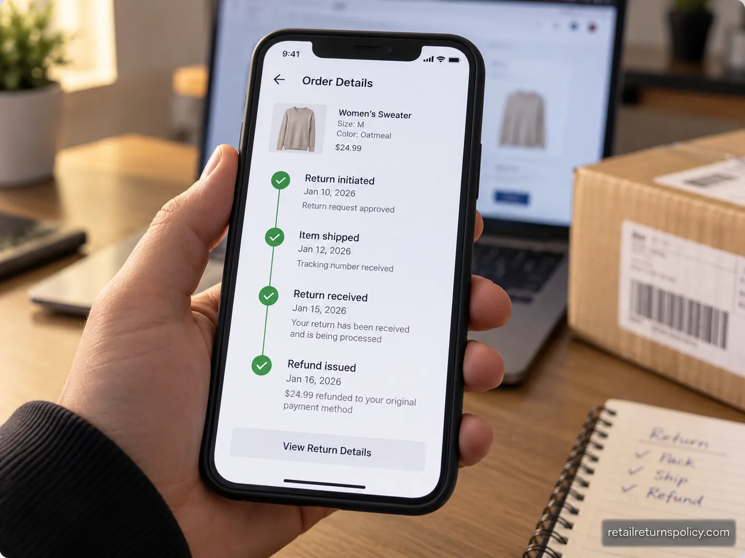 Smartphone showing an online order return-received and refund-issued status with dates, a shipping box behind it.