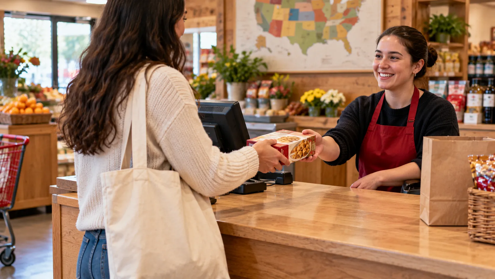 Shopper making an in-store Trader Joe’s return at a customer service desk in a different city.