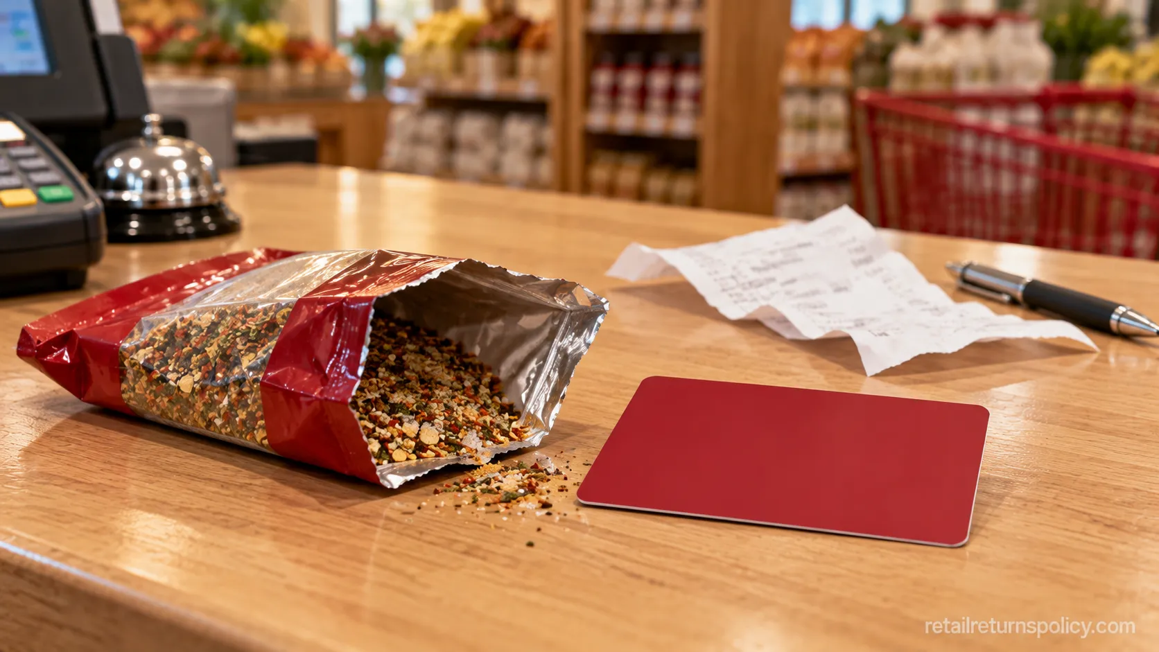 Opened seasoning pouch next to the store gift card issued for a no-receipt food refund at Trader Joe’s.