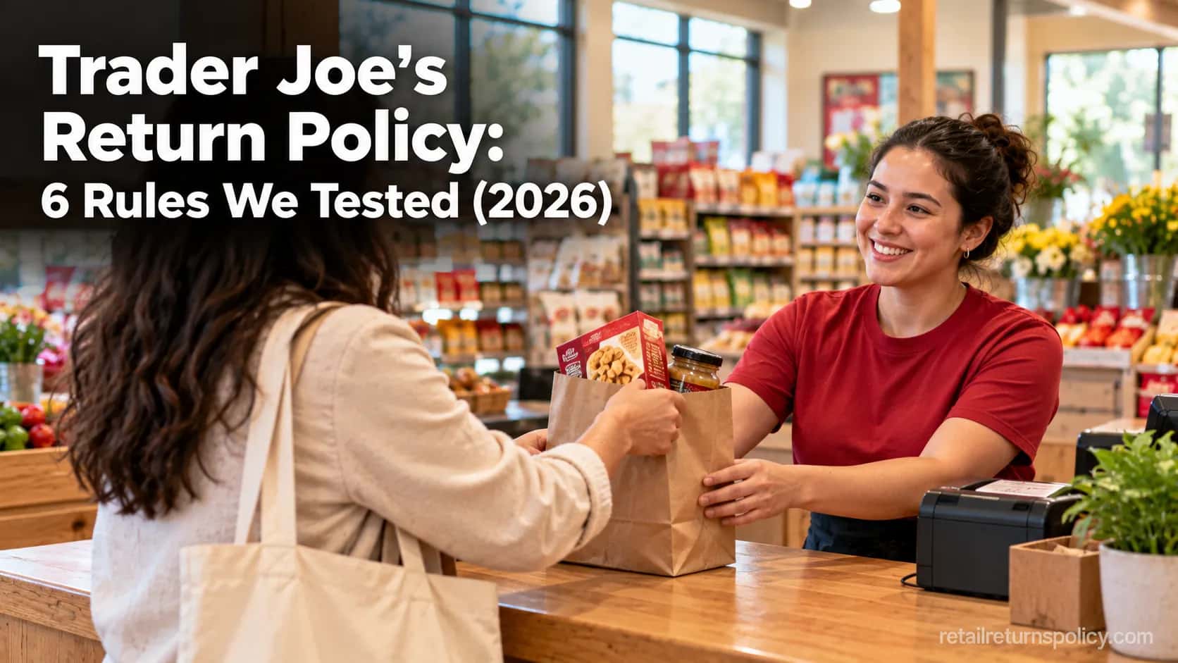Shopper returning groceries at a market customer service counter, illustrating the Trader Joe’s return policy guide for 2026.
