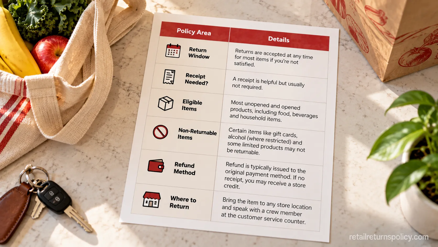 One-page reference card summarizing the Trader Joe’s return policy window, receipt rule, and refund method.