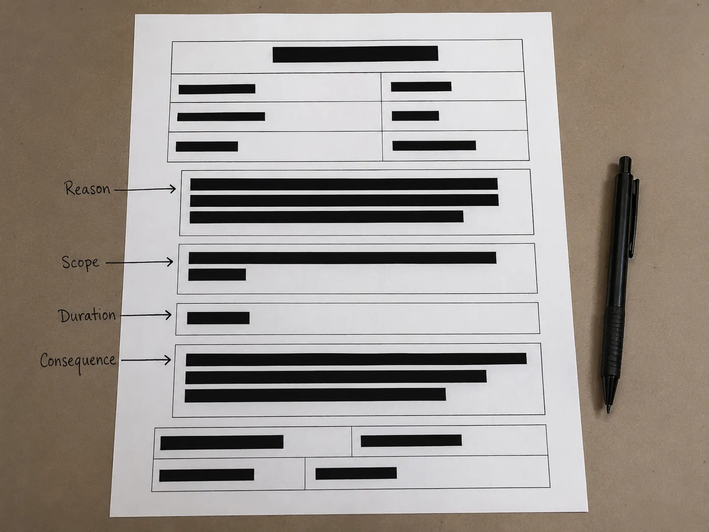 Representative illustration of a redacted store trespass-notice form on a desk with annotation arrows highlighting the reason, scope, duration, and consequence fields.