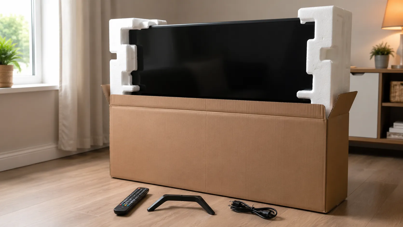 55-inch TV repackaged in its original box with molded foam, remote, stand, and power cable neatly arranged on the floor to show proper packaging for a return or refund
