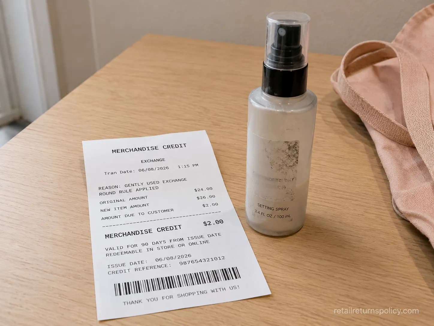 Ulta merchandise credit slip from a day 41 gently used exchange beside a used setting spray.