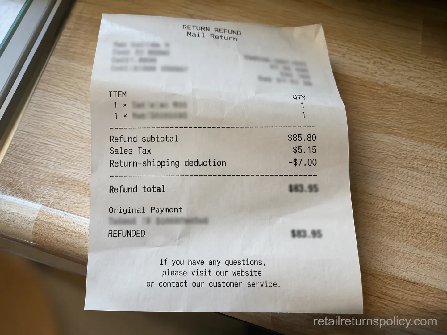 Uniqlo mail-return refund receipt showing a seven-dollar return-shipping deduction on the refund total.