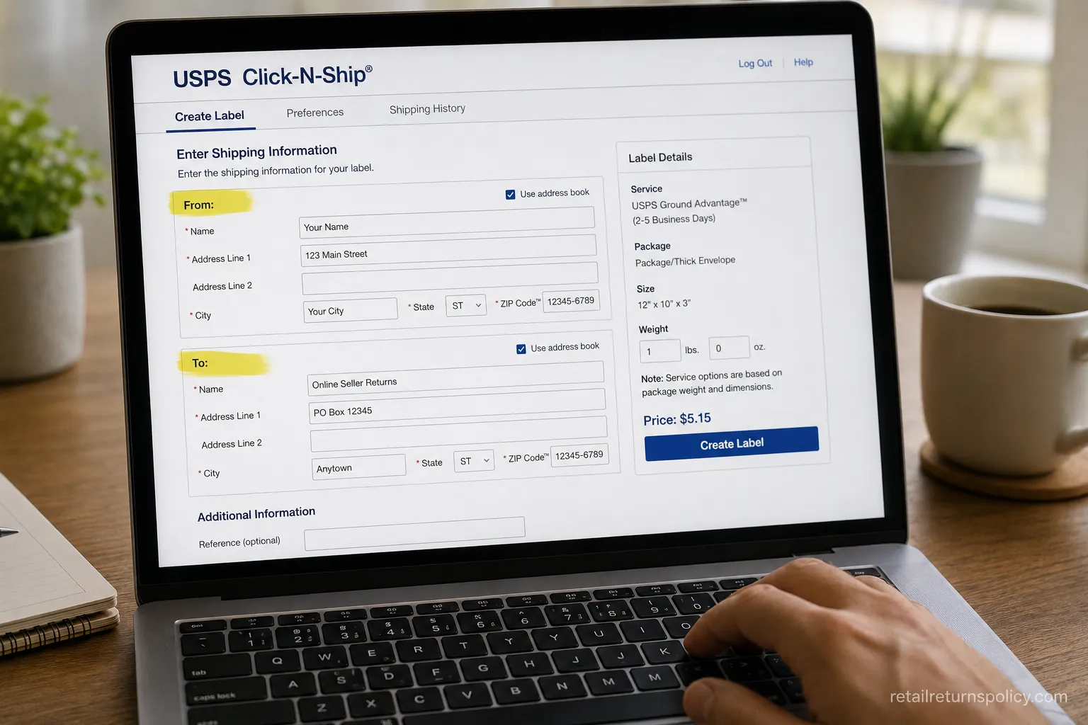 Shipping label form with sender and recipient fields flipped for a self-made return label