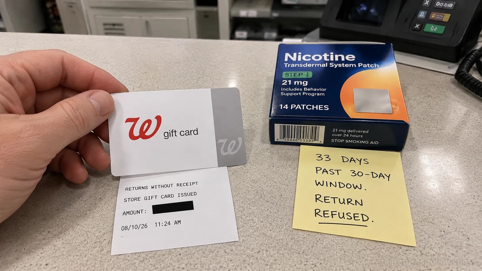 Walgreens gift card issued for a no-receipt return beside a refused item past the 30-day window.