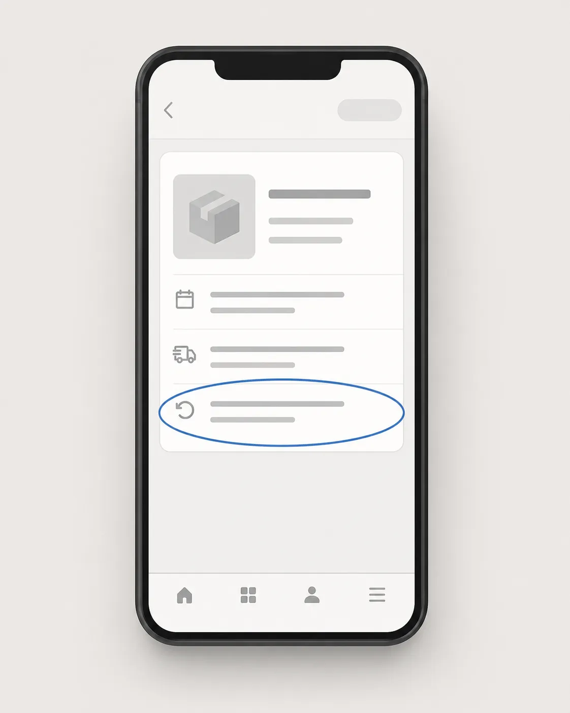 Generic flat vector illustration of a smartphone displaying an order summary with the return-by date row highlighted, illustrating that the return window is calculated from the delivery date rather.