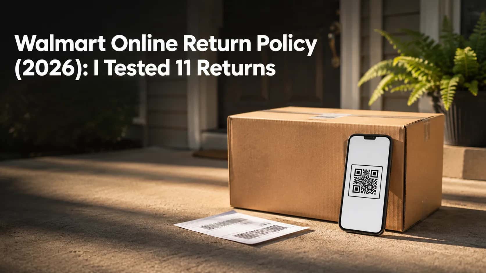 Sealed return parcel with a smartphone displaying a return code on a residential doorstep, illustrating a Walmart online return prepared for shipping in 2026.