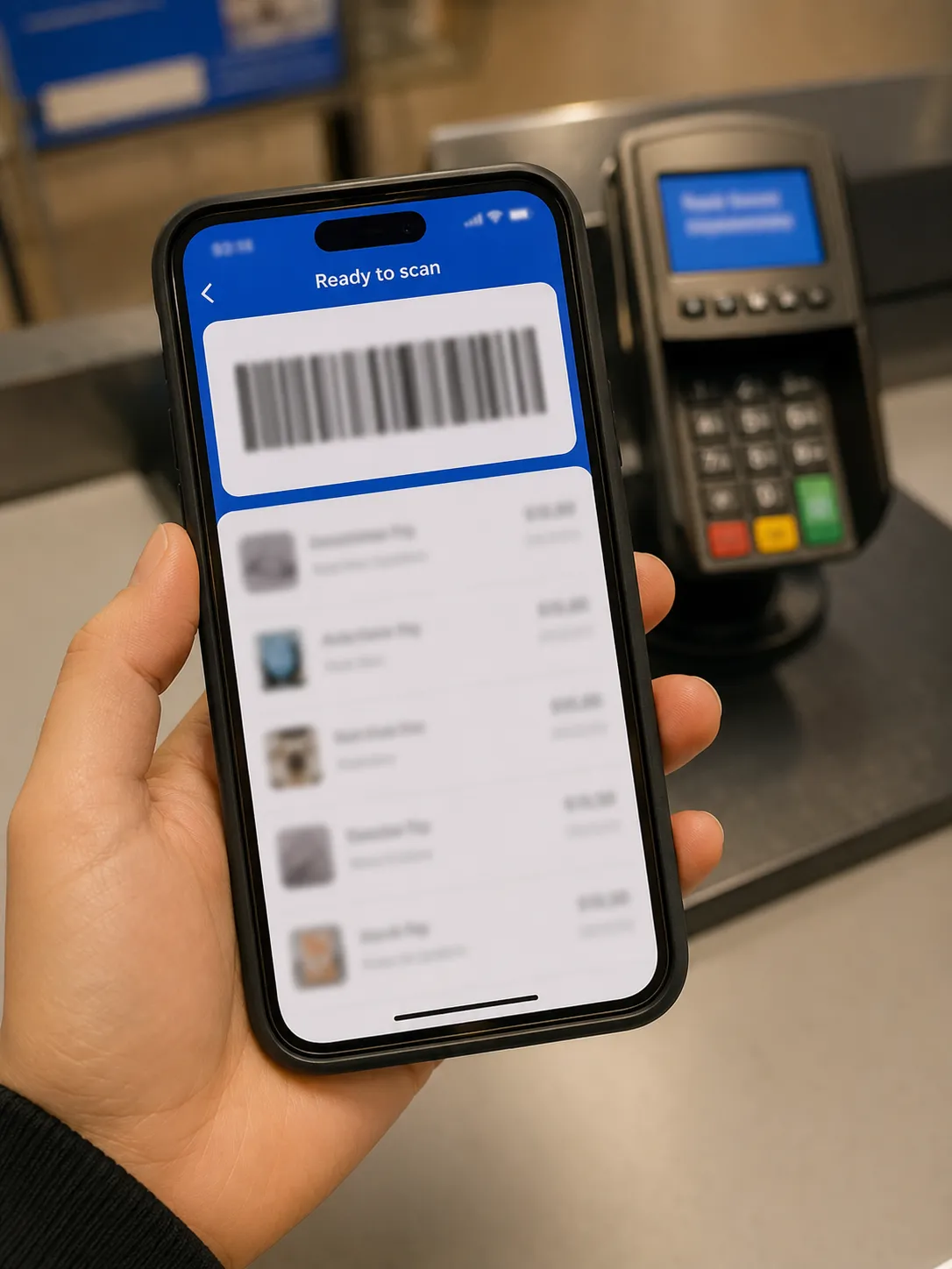 Smartphone displaying a digital receipt with a “Ready to scan” barcode above blurred purchase history, held at a retail checkout for a return, with account details concealed.