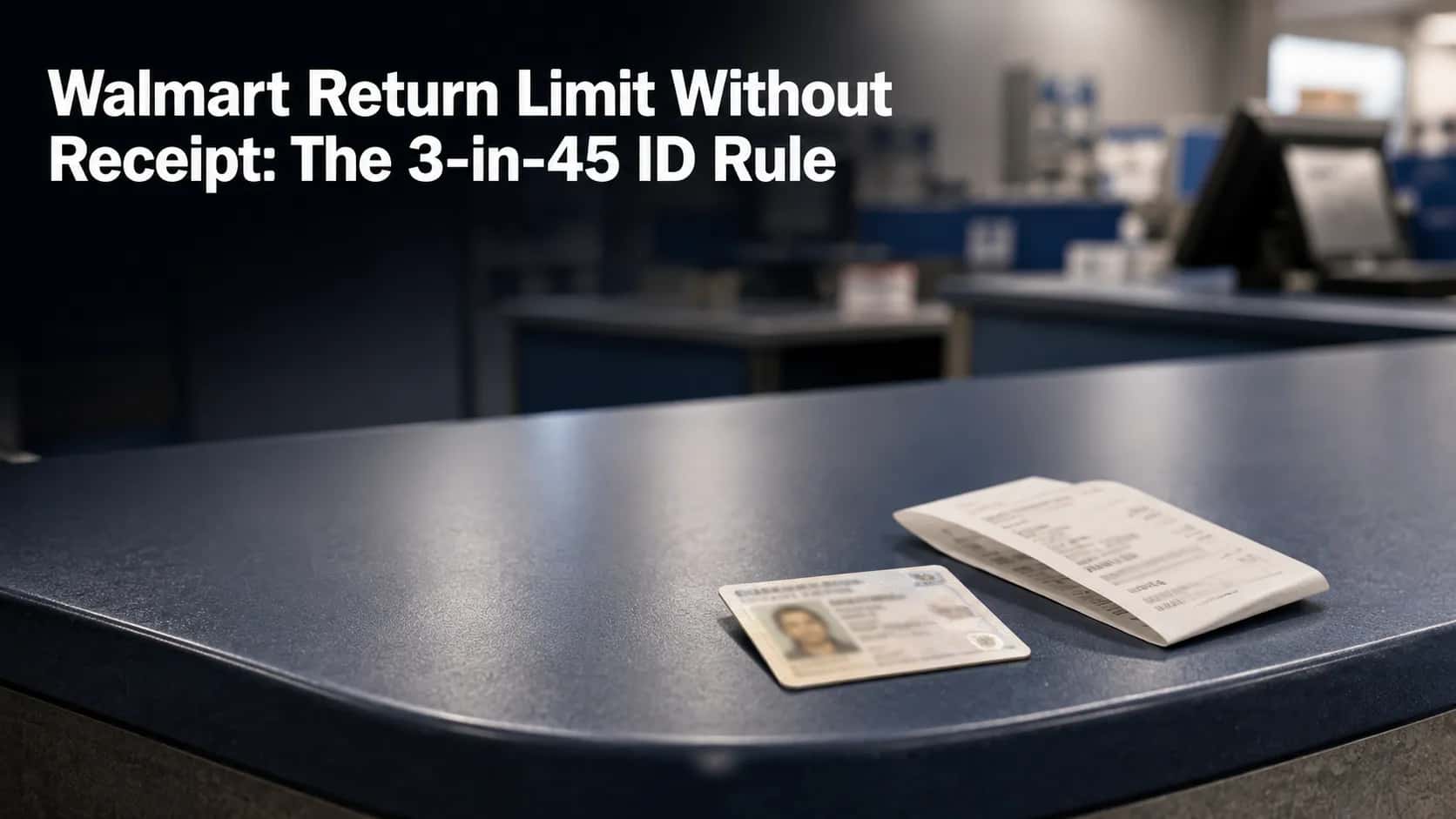 Retail service desk with a photo ID and receipt on the counter, illustrating Walmart's no-receipt return process and the 3-in-45 ID verification rule