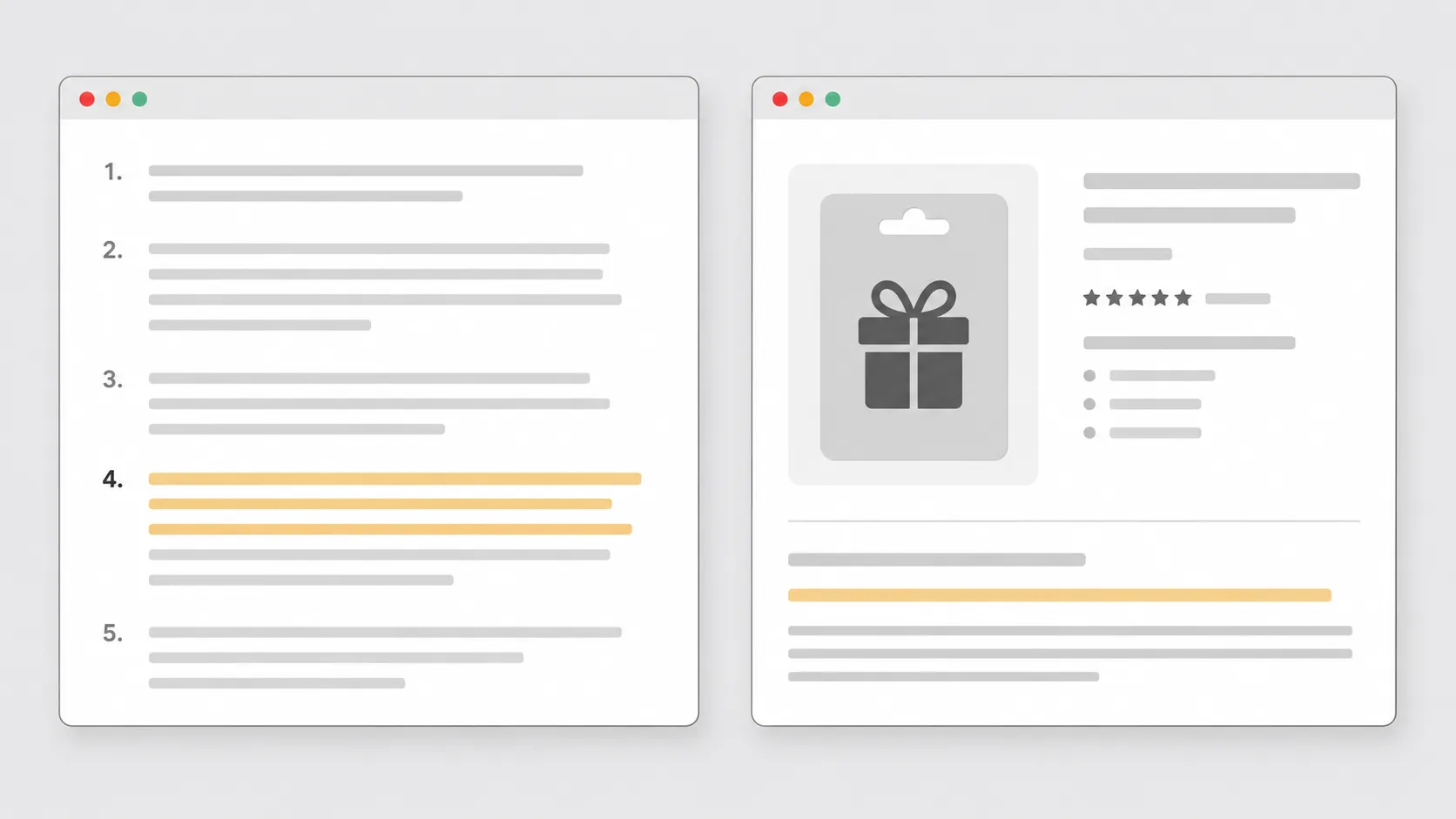 Representative flat vector illustration showing two abstract browser windows side by side, comparing a terms page and a gift card product listing with muted amber highlighted lines, symbolizing.