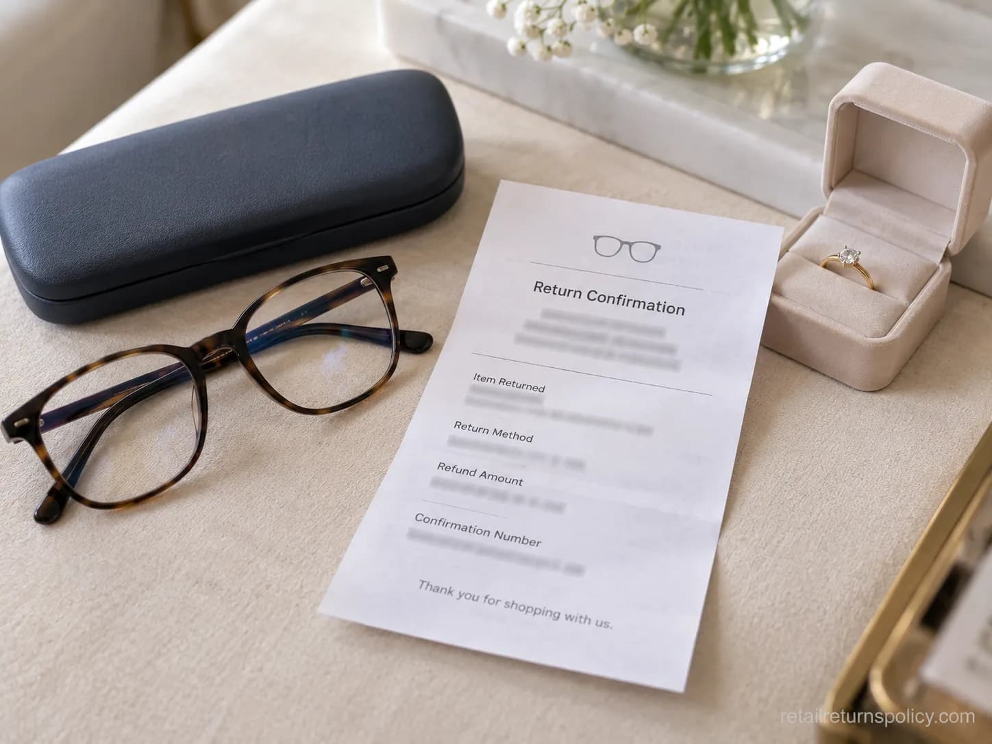 Eyewear return confirmation slip beside a glasses case and a ring box.