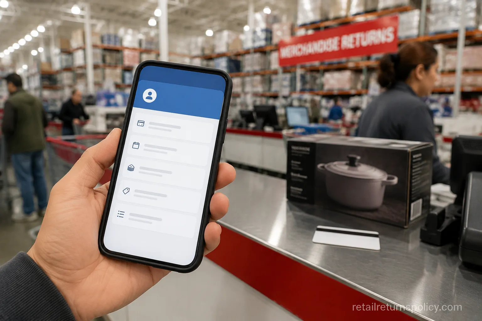 Shopper showing a membership app at a warehouse club returns counter for a no-receipt return.