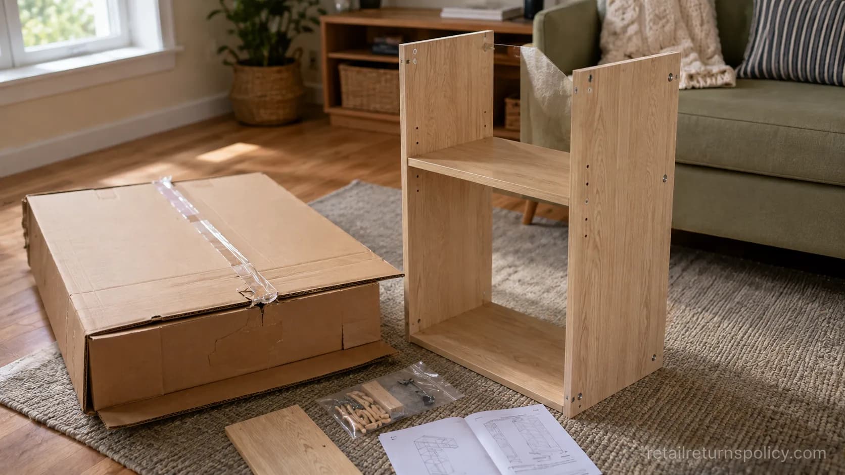 Partly assembled shelf beside its box showing why assembled Wayfair furniture is hard to return.