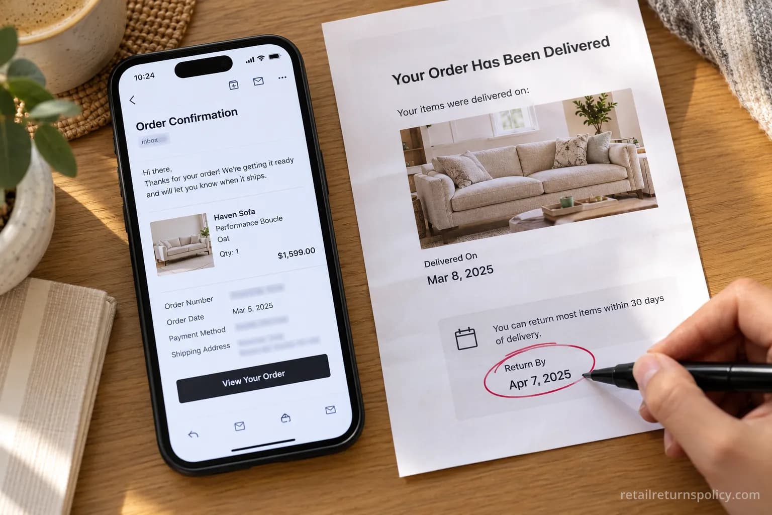 West Elm order confirmation with the 30-day return deadline marked in pen