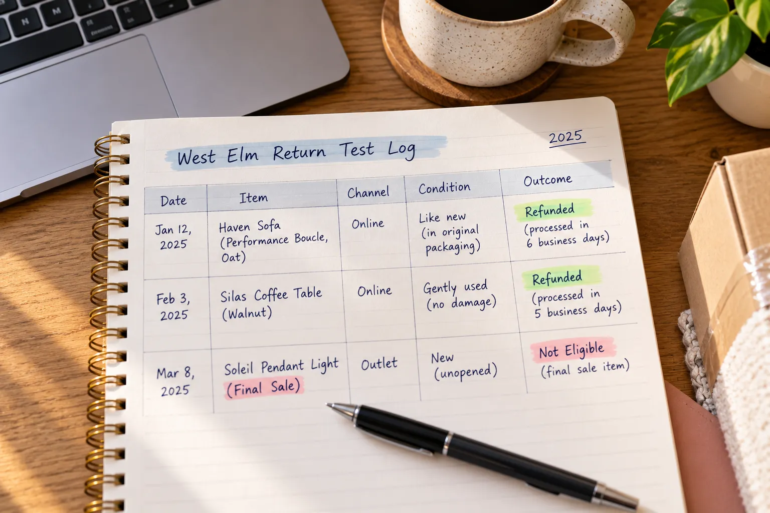 Dated log of three West Elm returns with channel, condition, and outcome