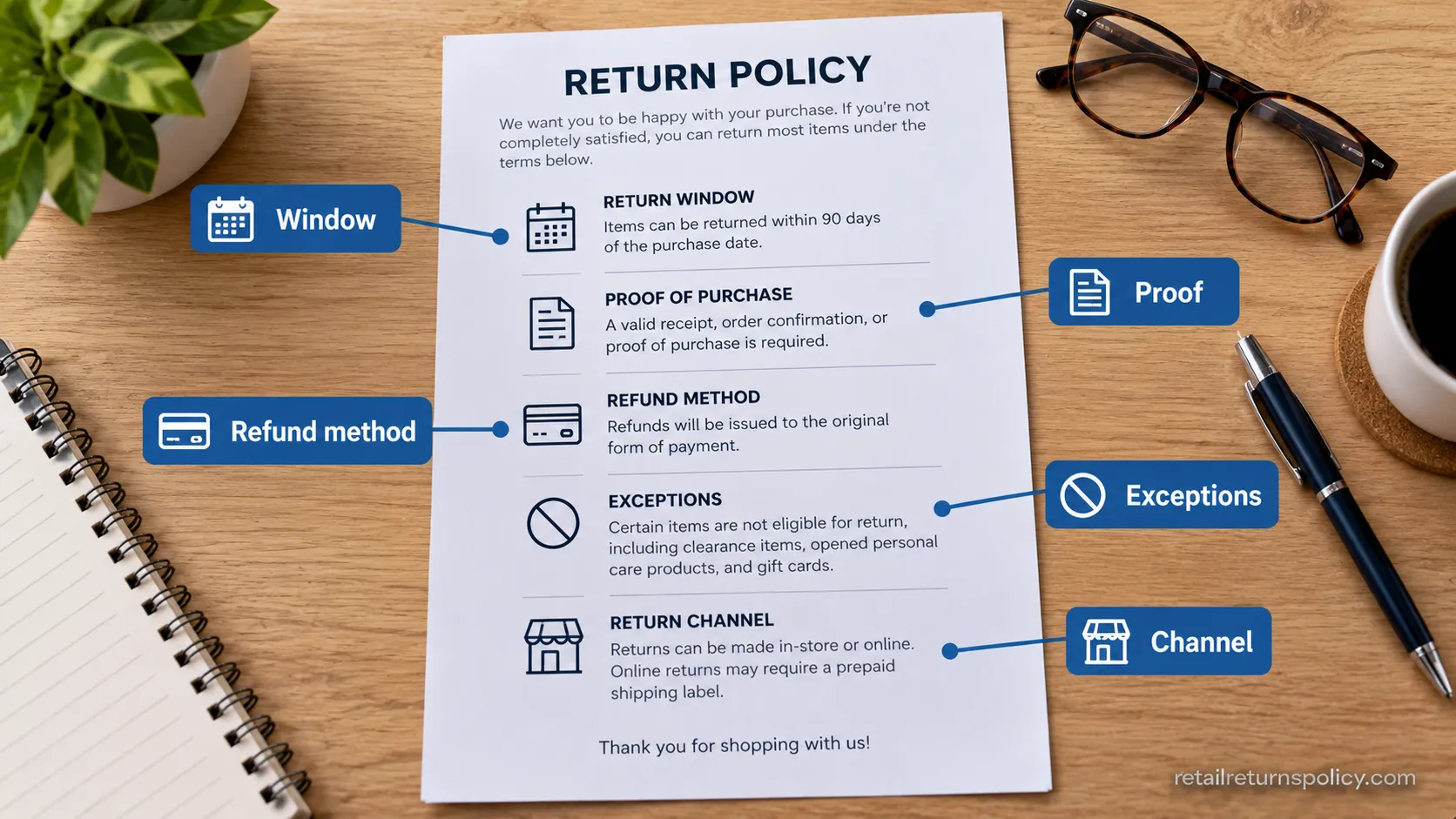 Return policy broken into five components: window, proof, refund method, exceptions, and channel