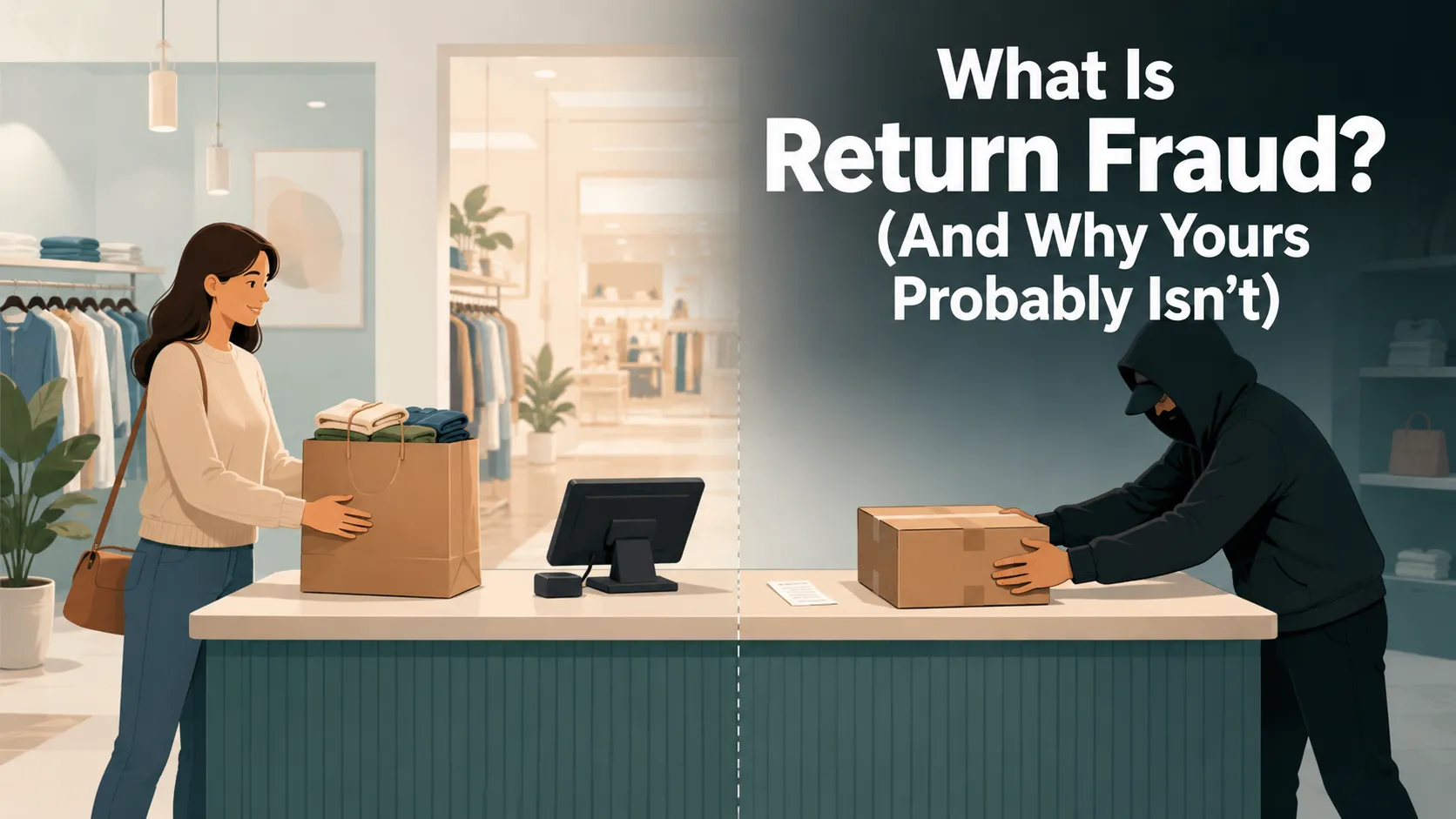 Retail return counter split into two scenes showing a shopper returning folded clothes on one side and a suspicious person sliding an empty box across the counter on the other.