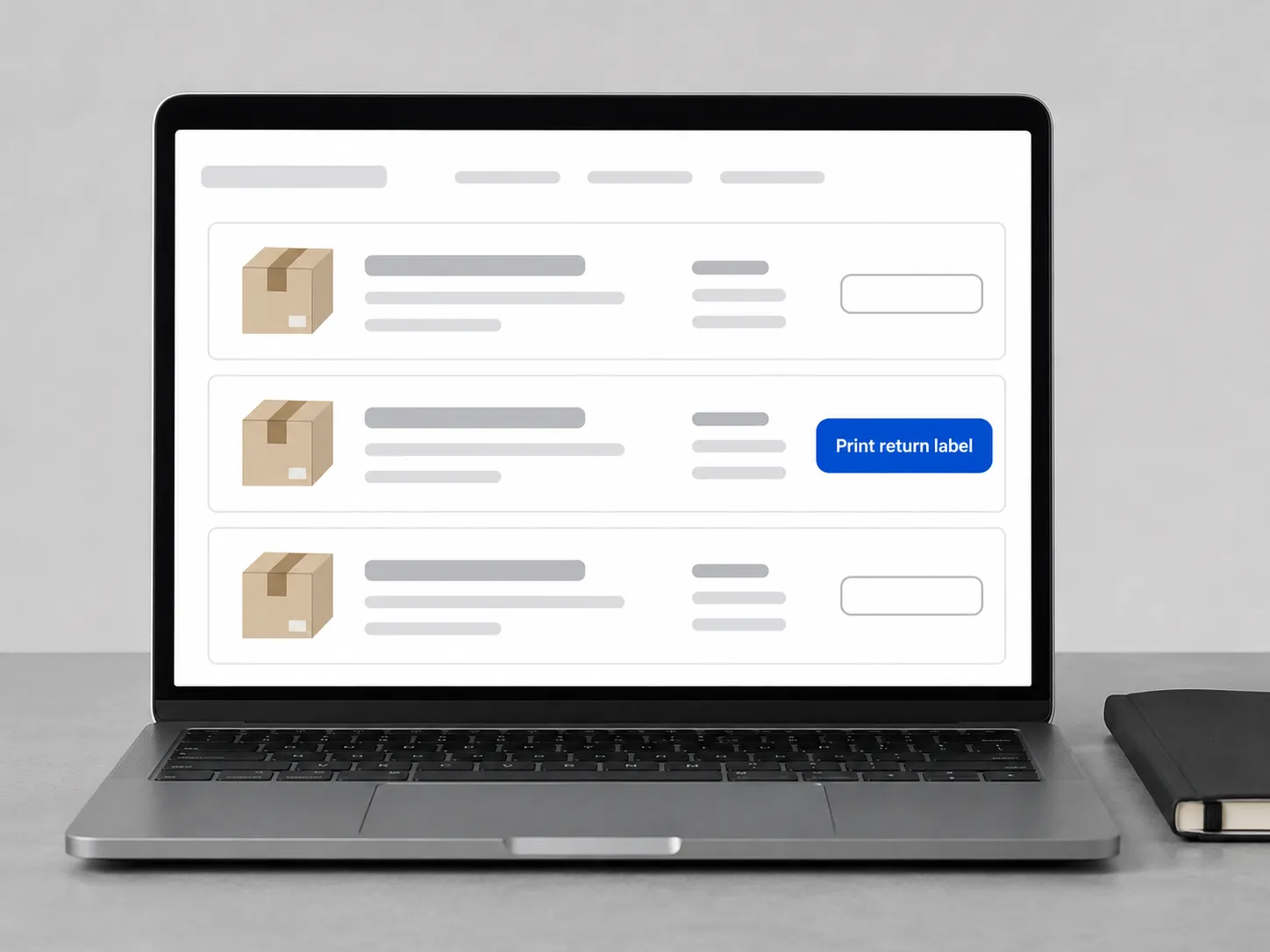 Clean flat-vector illustration of a generic e-commerce order history displayed on a laptop, highlighting a "Print return label" button for a prepaid FedEx return label. Brand-free representative.