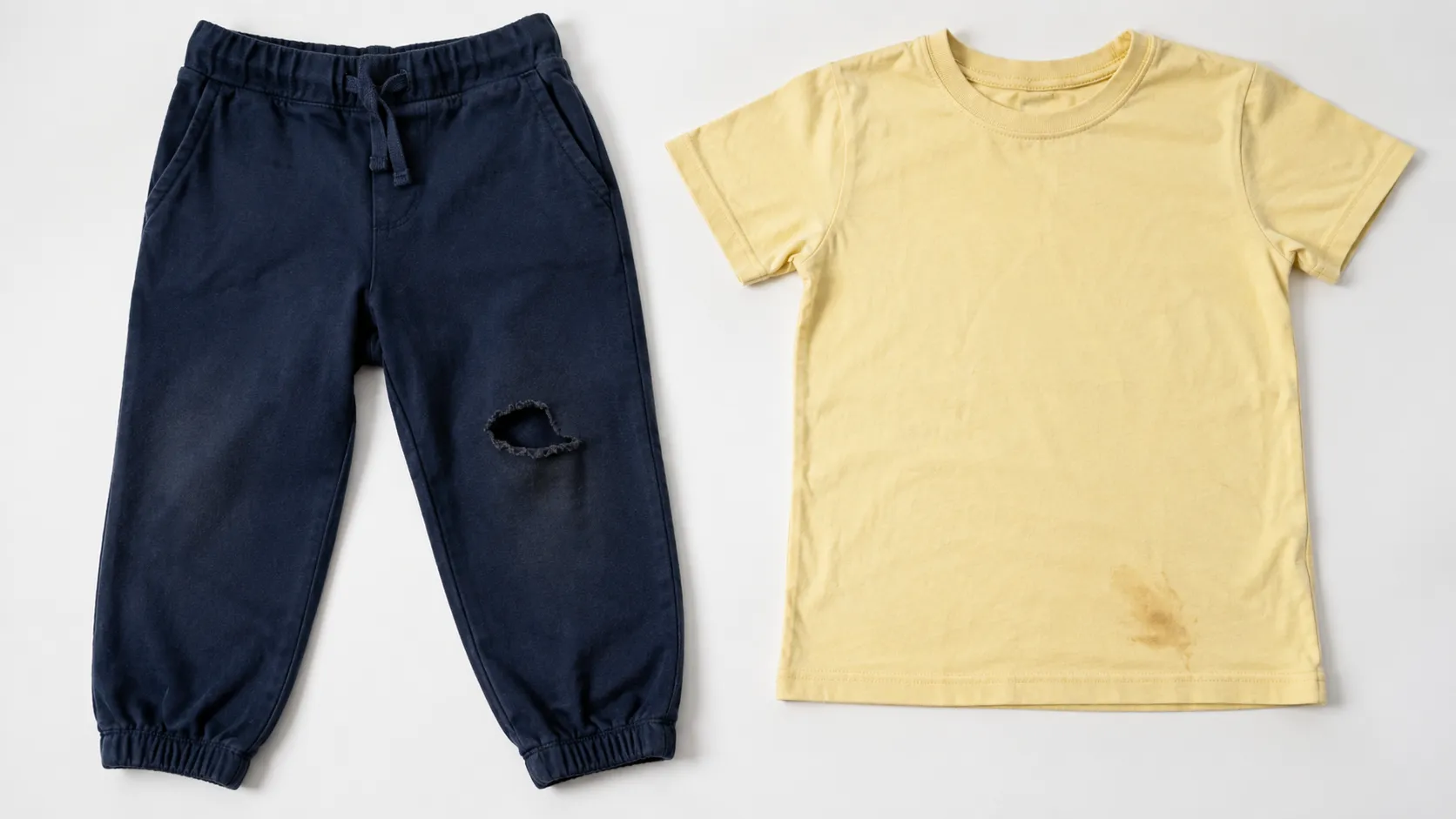 Overhead comparison of children's navy joggers with a worn-through knee hole beside a pale yellow T-shirt with a faint stain near the hem, illustrating a garment return evidence comparison.