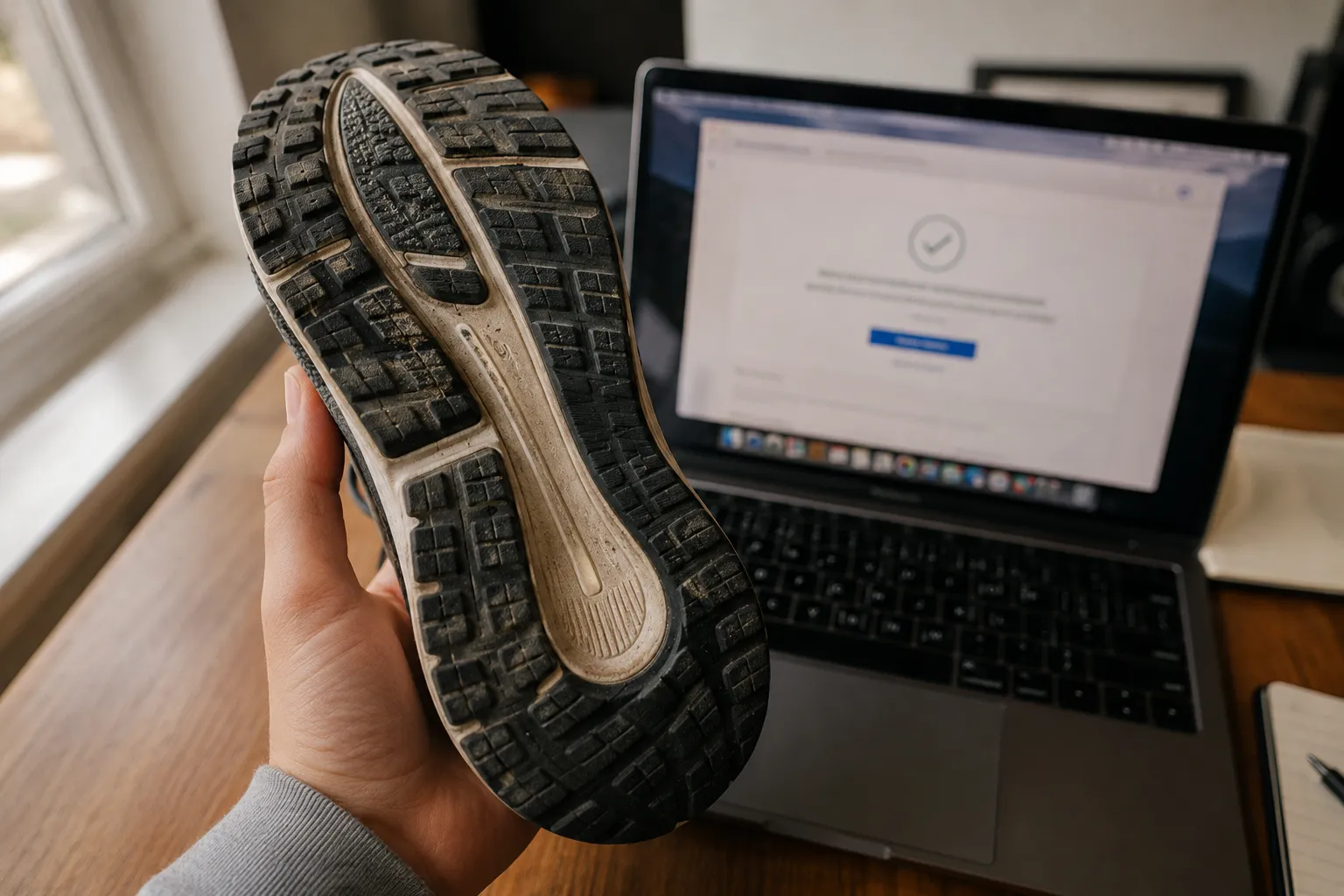 Close-up of a lightly worn running shoe outsole held toward the camera, with a blurred laptop in the background displaying a generic return confirmation screen, illustrating a worn-shoe return experie