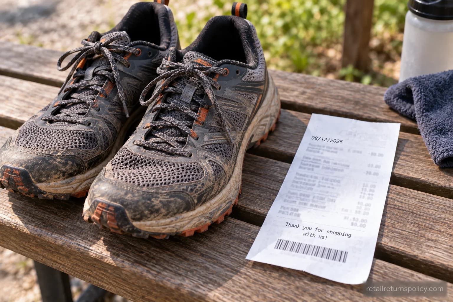 Worn running shoes beside a dated sporting-goods receipt, illustrating the 7-day pre-owned exchange exception.