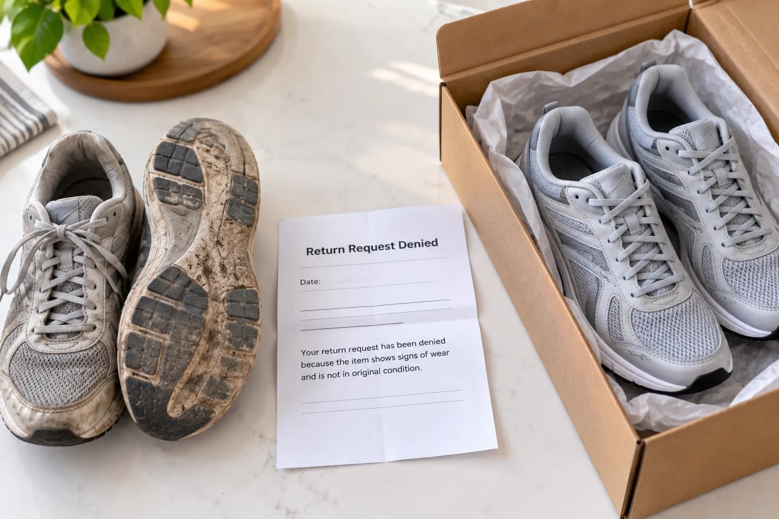 A worn scuffed sneaker beside a pristine boxed pair showing why a return was denied