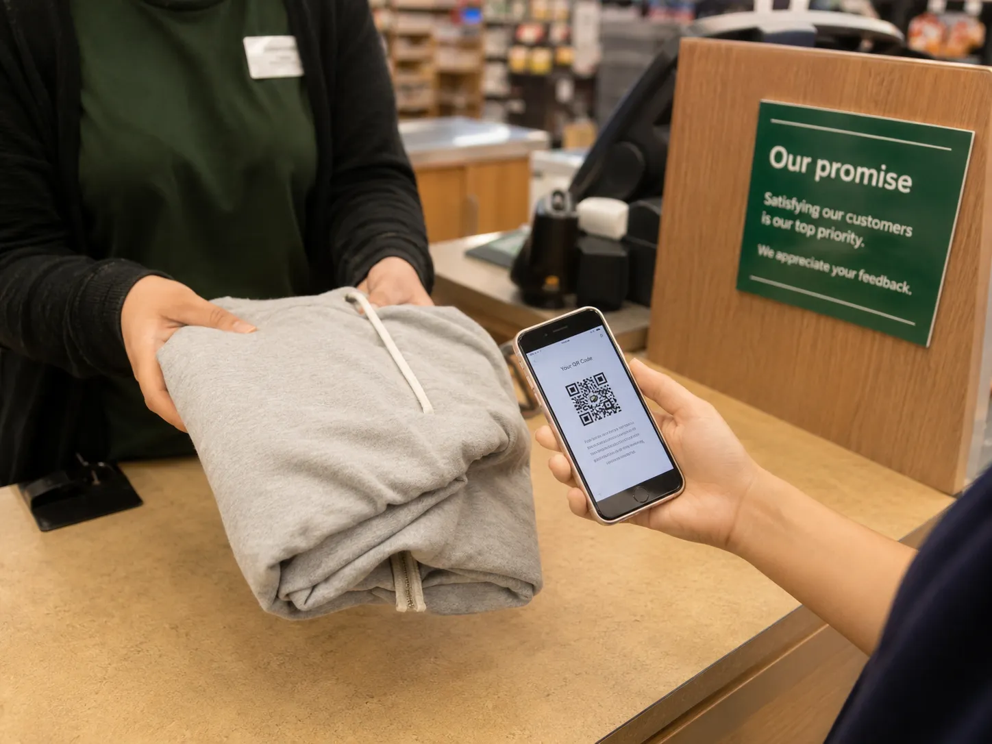 Representative illustration of a box-free clothing return handed across a grocery-store customer service counter while the customer presents a QR code on a smartphone for label-free processing