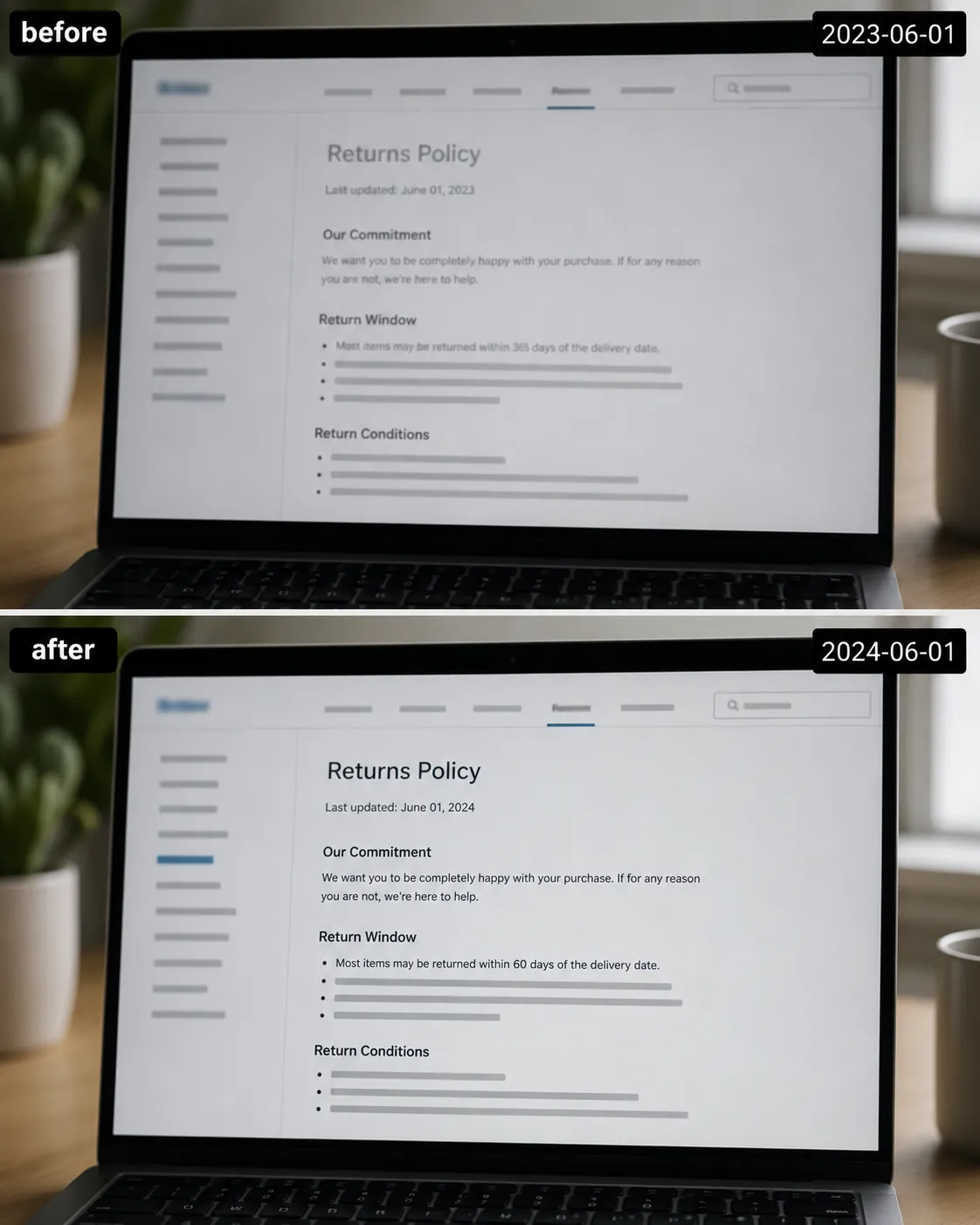 Representative illustration showing a before-and-after comparison of a return policy page on a laptop, with date-stamped archived and current versions highlighting a change from a 365-day to a 60-day