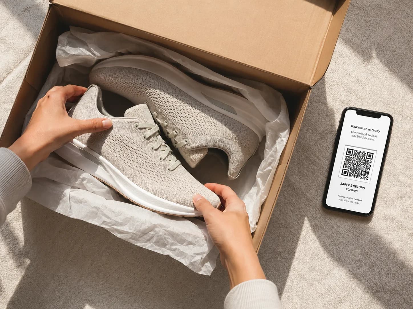 Overhead view of neutral running shoes being repacked into a plain shipping box beside a smartphone displaying a QR code for a free mail return.
