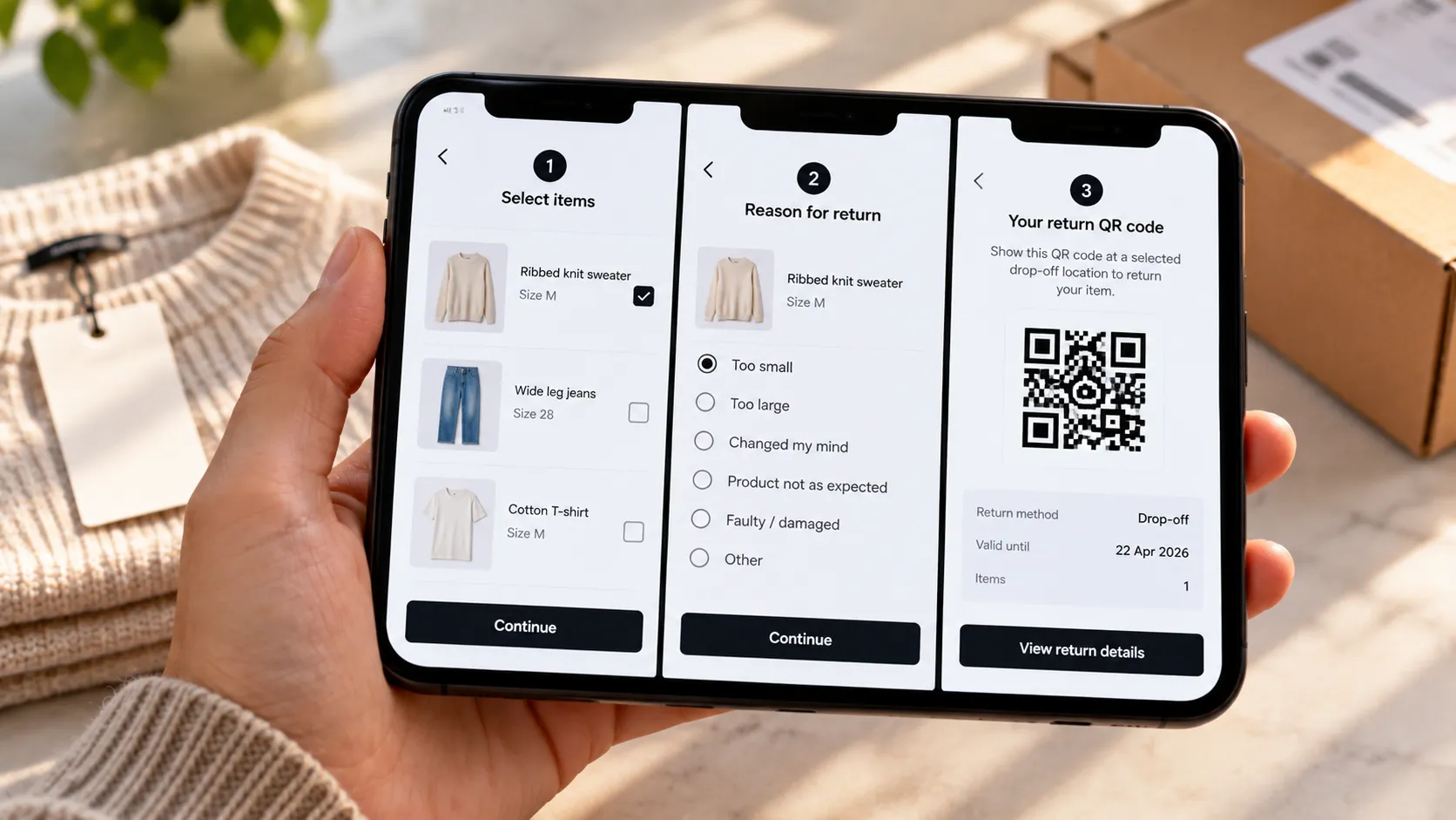 Zara app return flow showing item selection, reason, and QR code