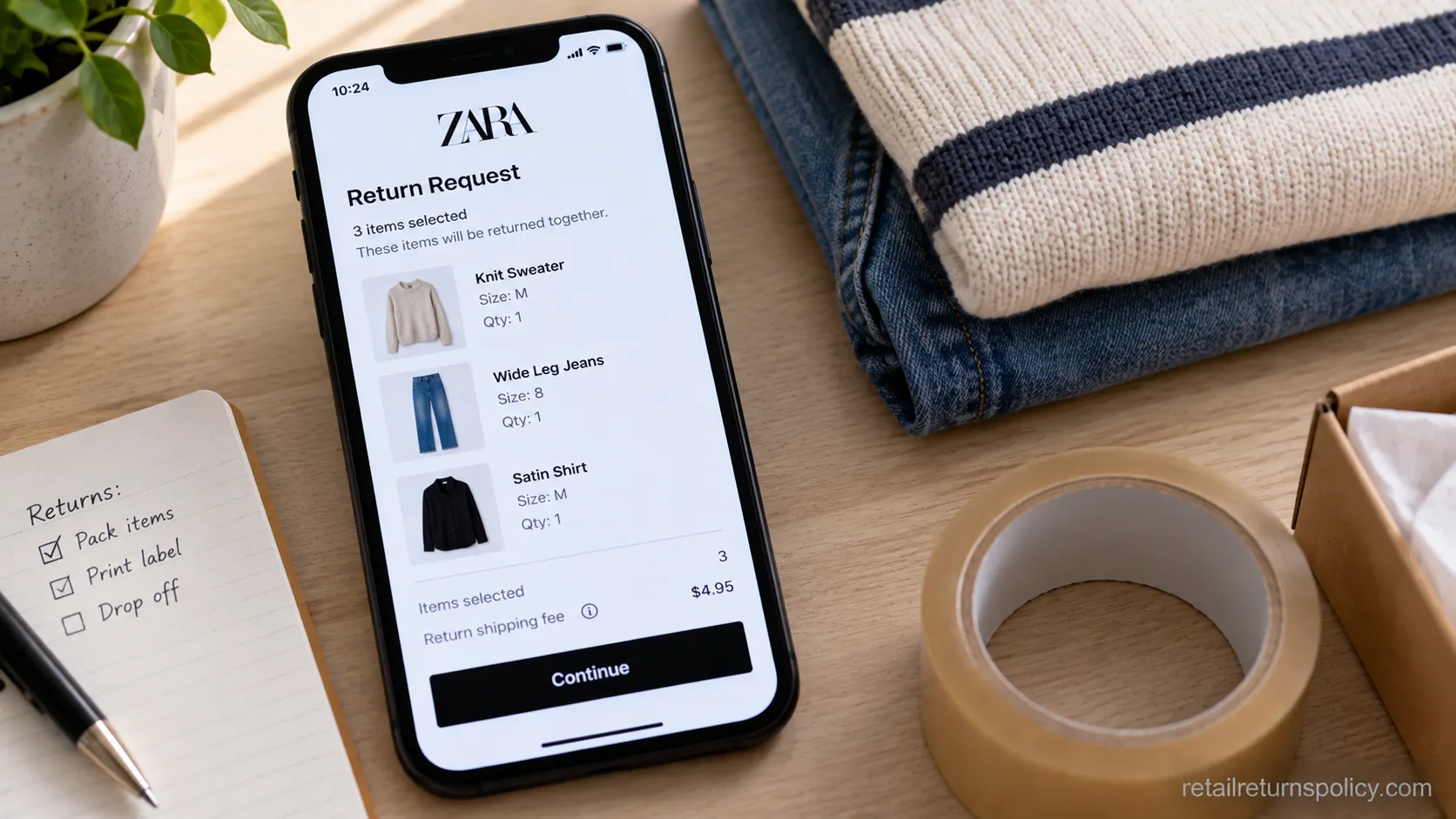 Zara return request grouping multiple items with a single $4.95 fee