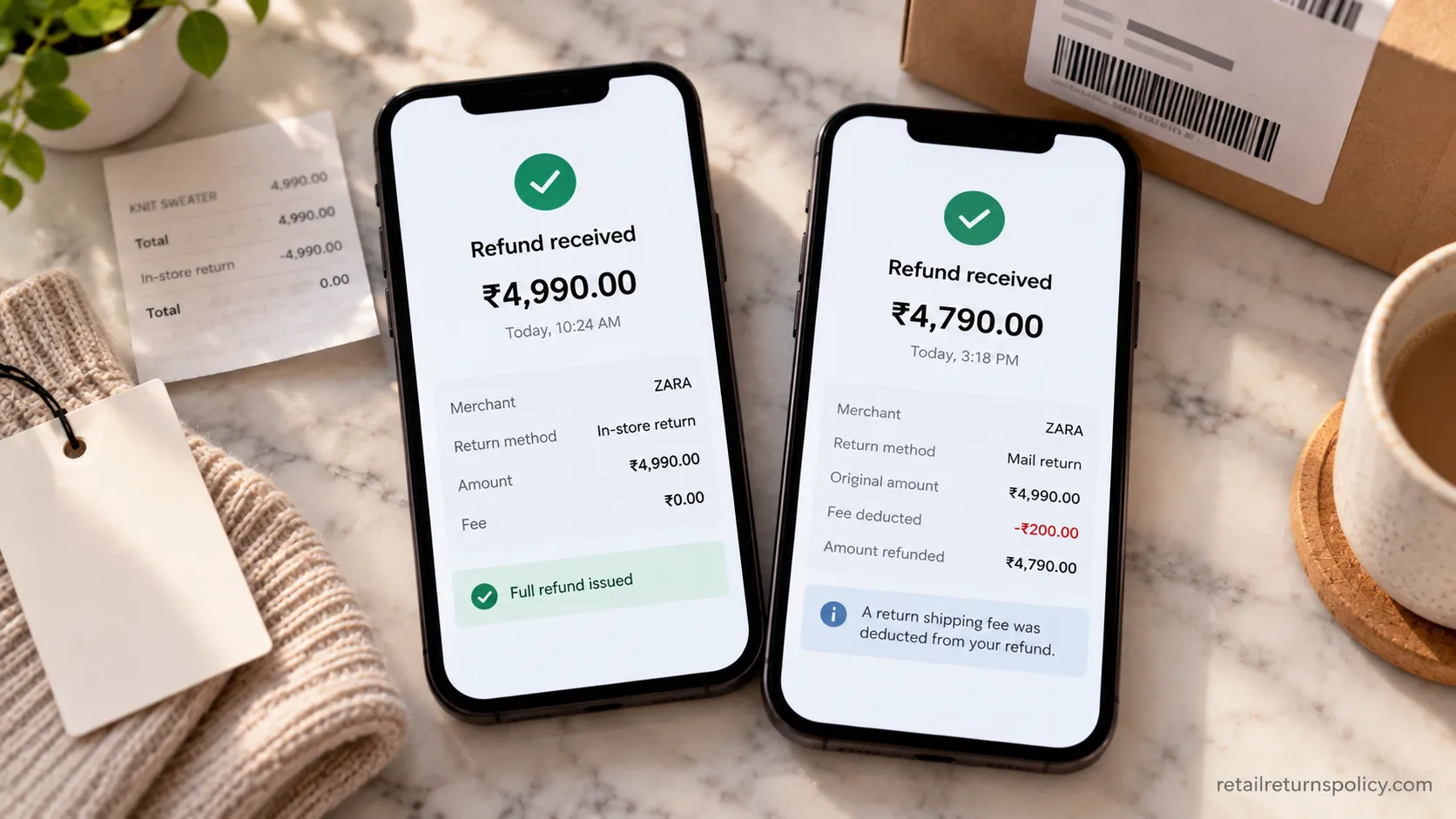 Zara mail return refund showing a deducted fee next to a full in-store refund