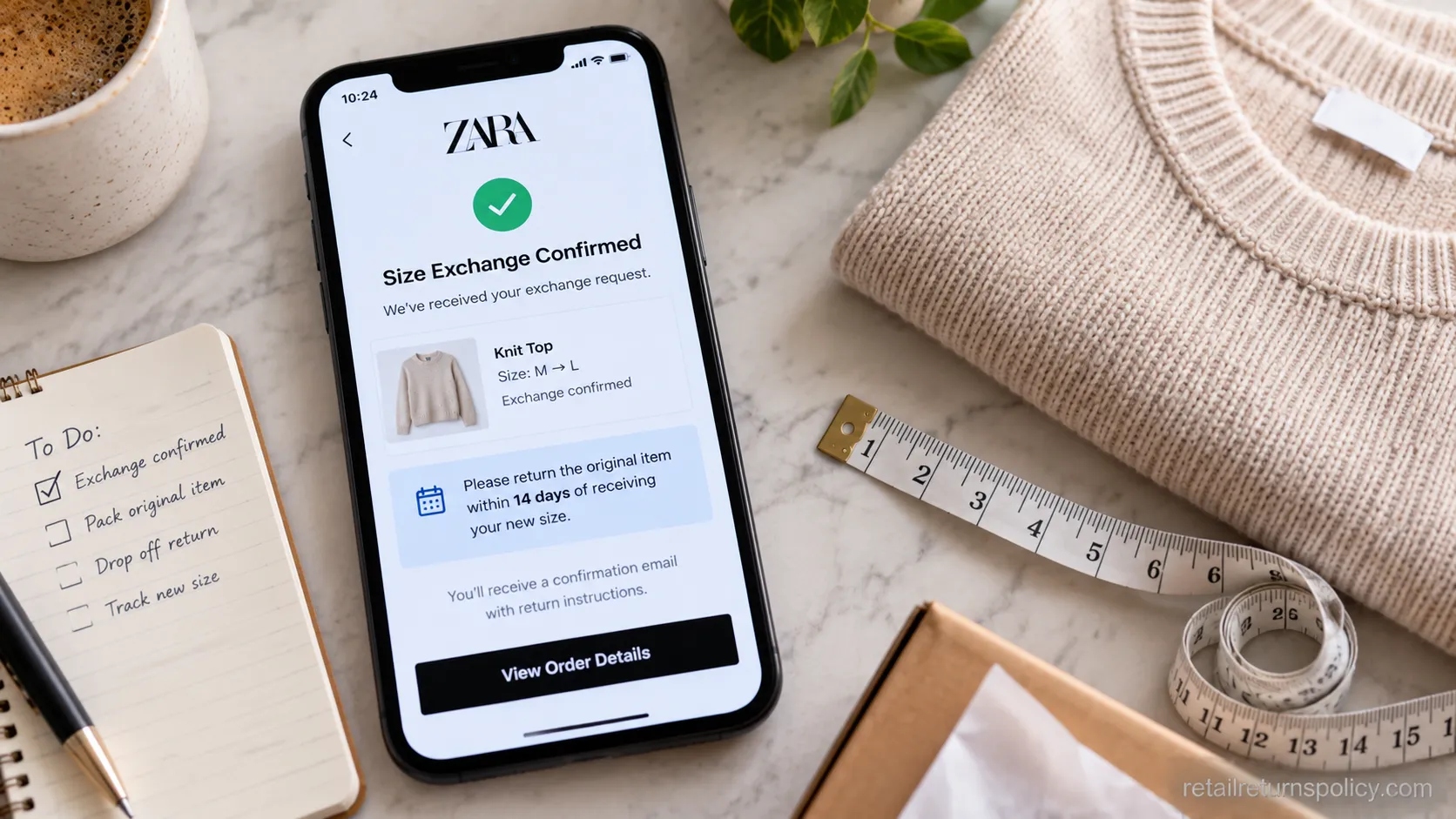 Zara online size exchange confirmation showing the 14-day deadline to return the original item