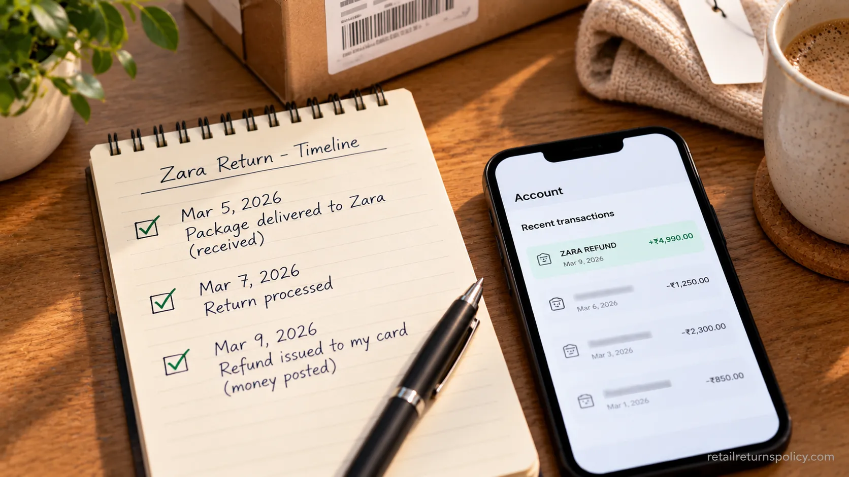 Handwritten log tracking a Zara refund from parcel received to money posted