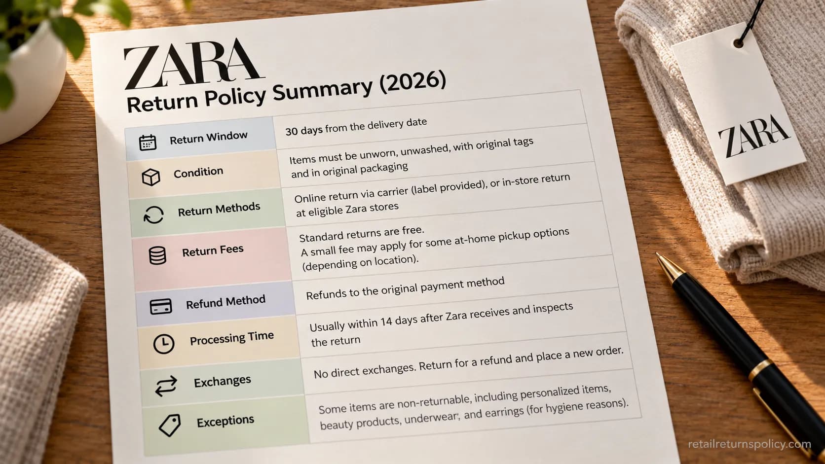 Zara return policy summary showing window, fees, refund method, and exclusions