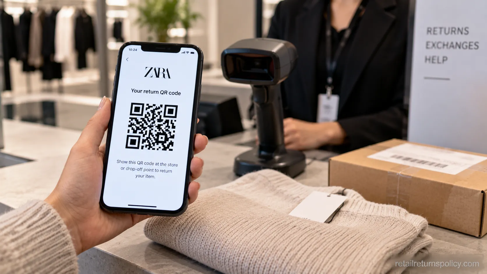 Zara online return QR code on a phone ready for a store or drop-off scan