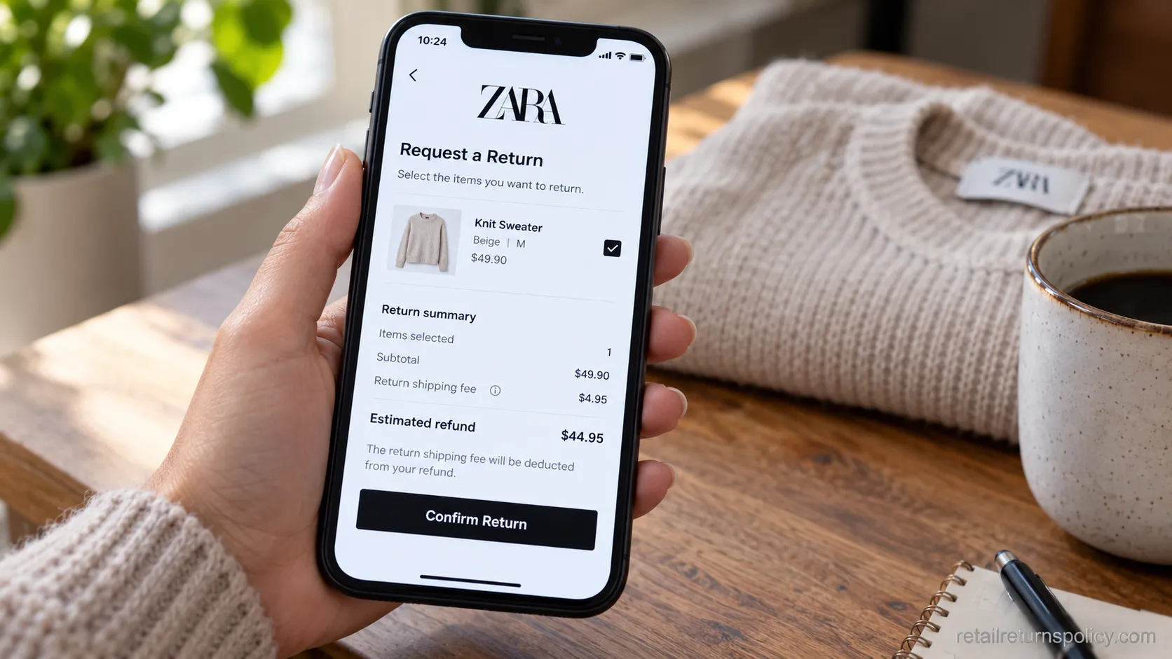 Zara online return request screen showing the $4.95 fee before it is deducted from the refund